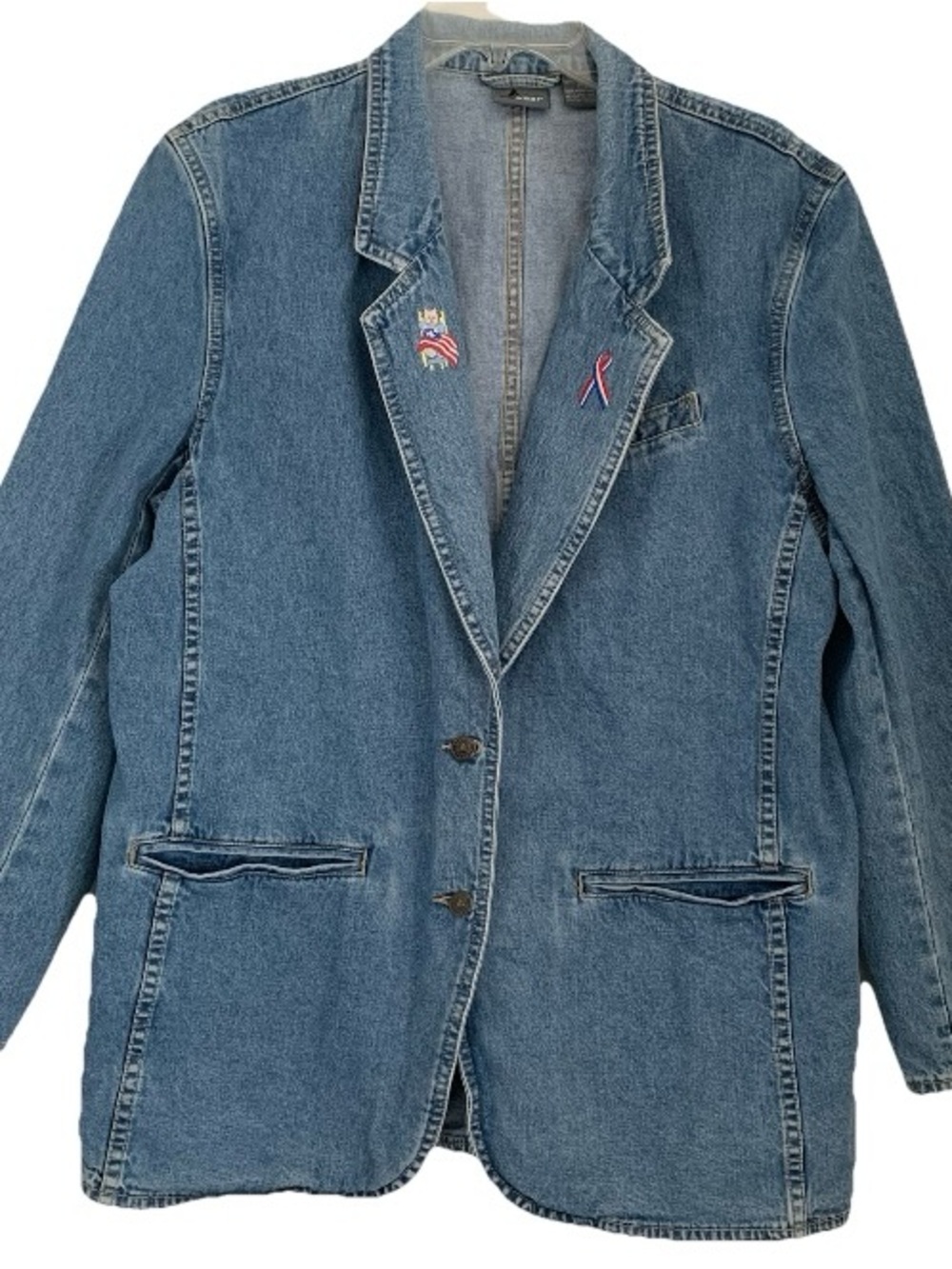 Patriotic Denim Blazer Embroidered Bears Jean Jacket 100% Cotton Womens Sz 12